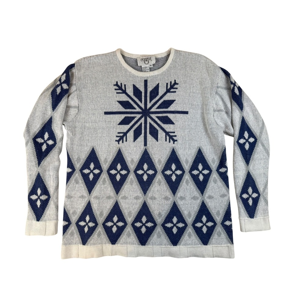 Cervelle XL Sweater Vintage Snowflake Argyle Ramie Cotton Blue White